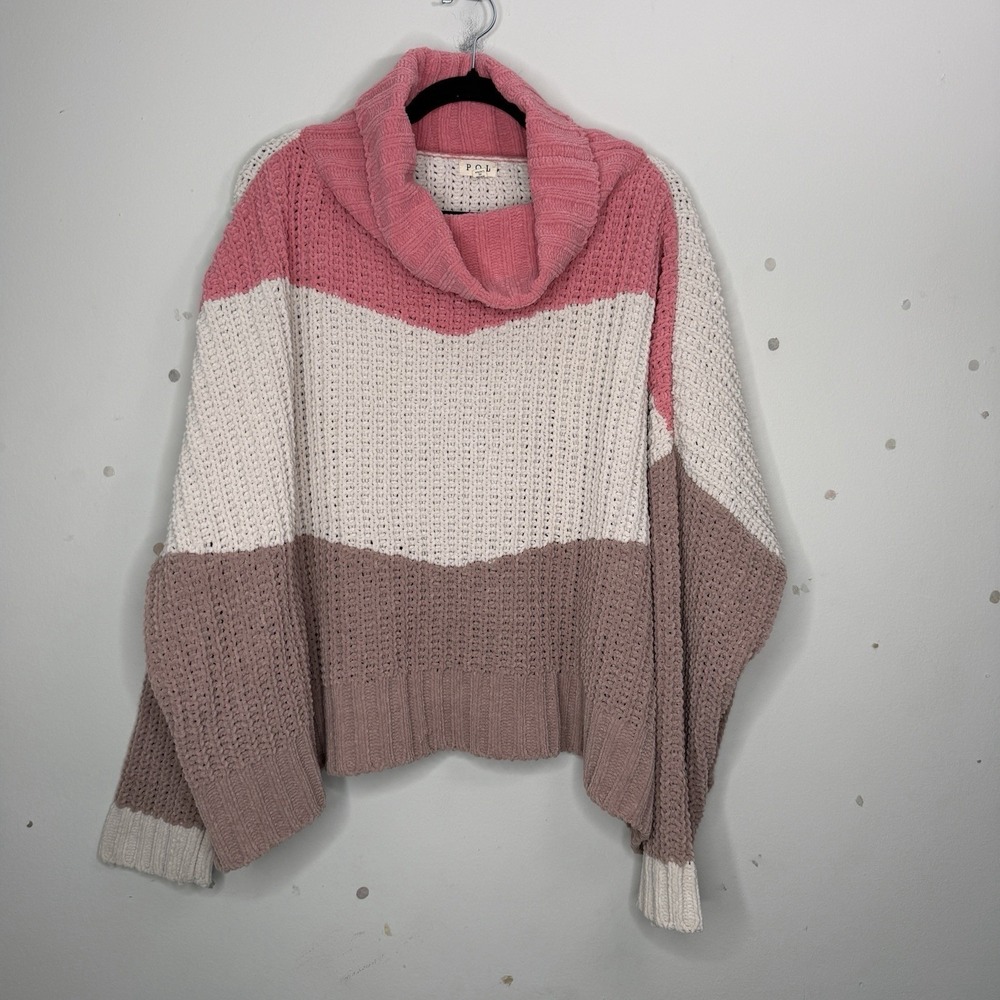 POL Canyon Pink Color‎ Block Oversized Chenille Turtleneck Sweater Size Large